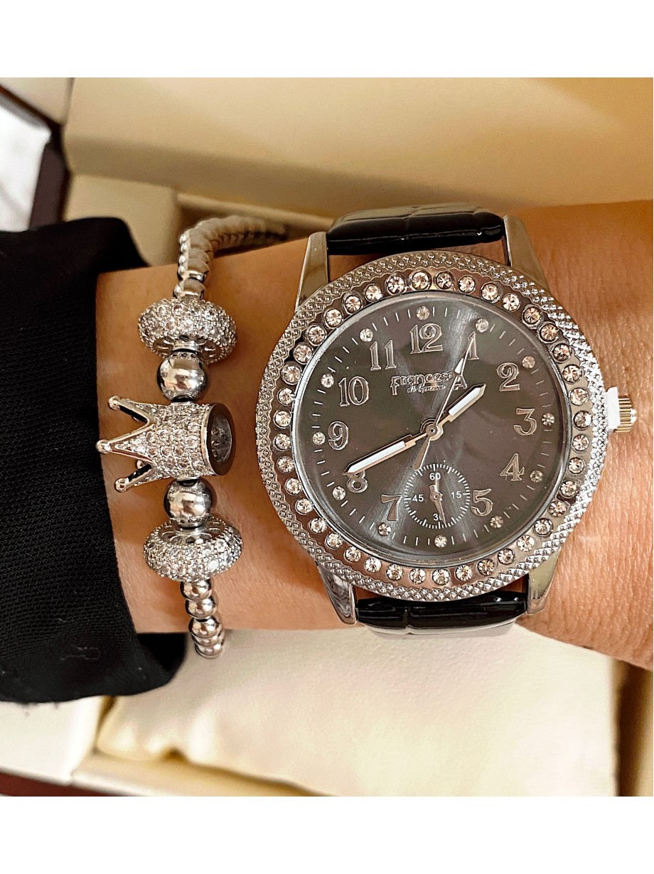 Ceas dama negru cu bratara din piele ecologica si cadran cu pietricele