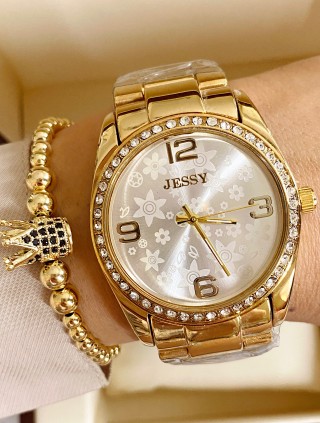 Ceas dama auriu cu bratara metalica si cadran cu 4 cifre