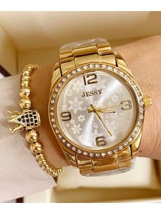 Ceas dama auriu cu bratara metalica si cadran cu 4 cifre