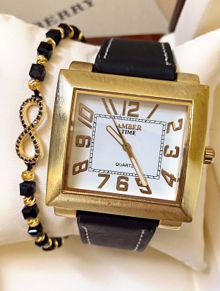 Ceas dama negru cu bratara din piele ecologica si cadran patrat