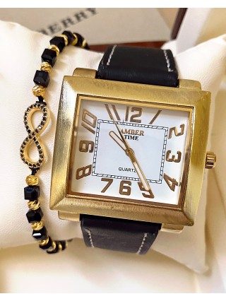 Ceas dama negru cu bratara din piele ecologica si cadran patrat