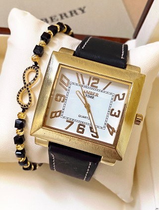 Ceas dama negru cu bratara din piele ecologica si cadran patrat