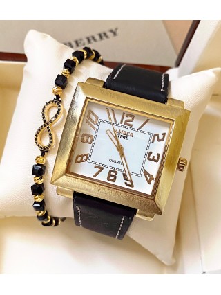 Ceas dama negru cu bratara din piele ecologica si cadran patrat