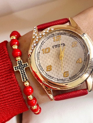 Ceas dama rosu cu bratara din piele ecologica si cadran cu cifre mici