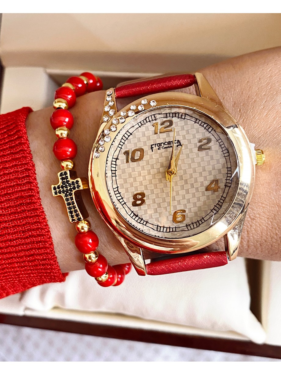 Ceas dama rosu cu bratara din piele ecologica si cadran cu cifre mici