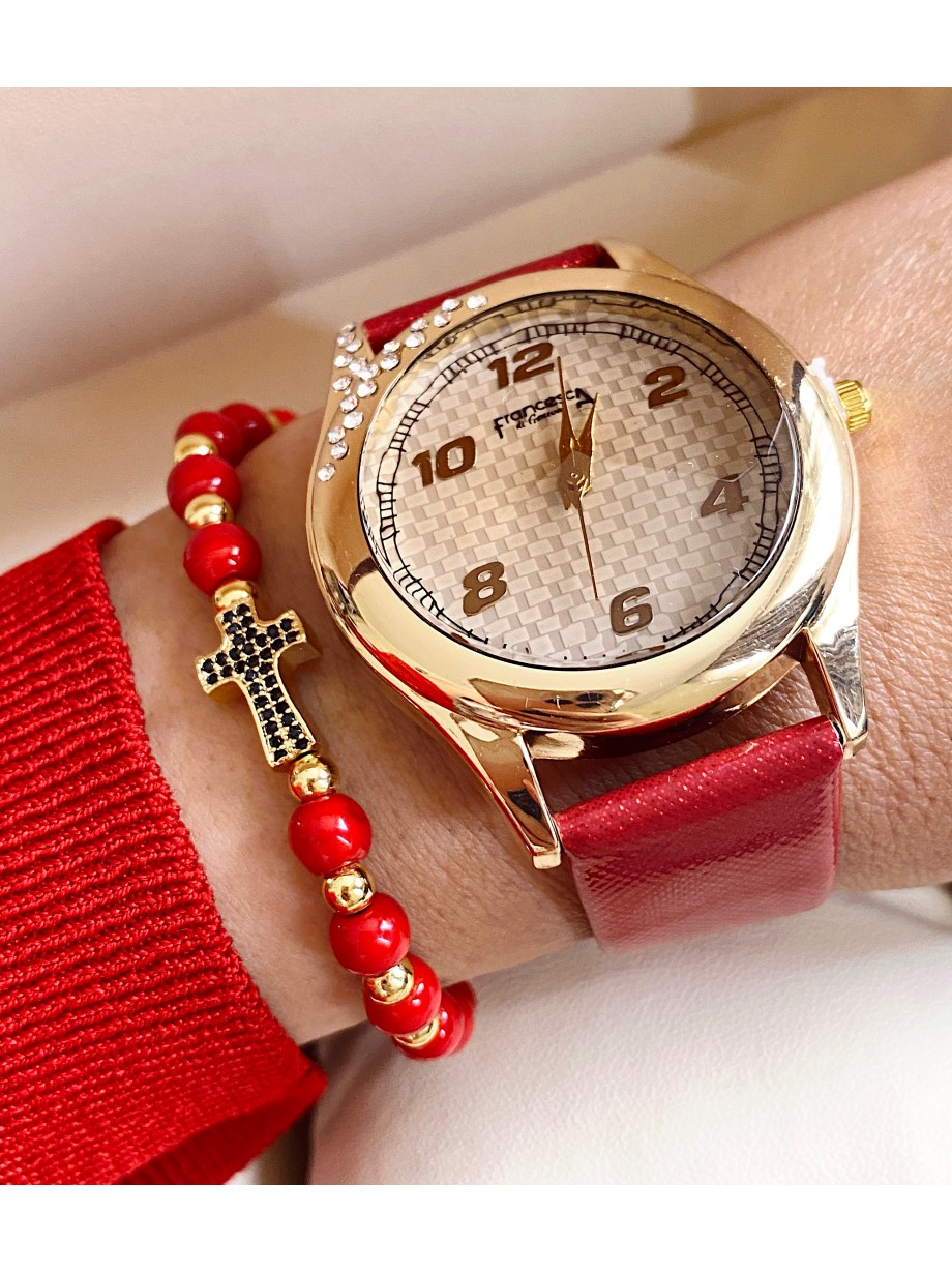 Ceas dama rosu cu bratara din piele ecologica si cadran cu cifre mici