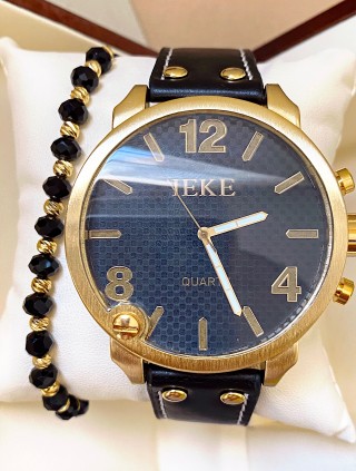 Ceas unisex negru cu bratara din piele ecologica si cadran cu 3 cifre