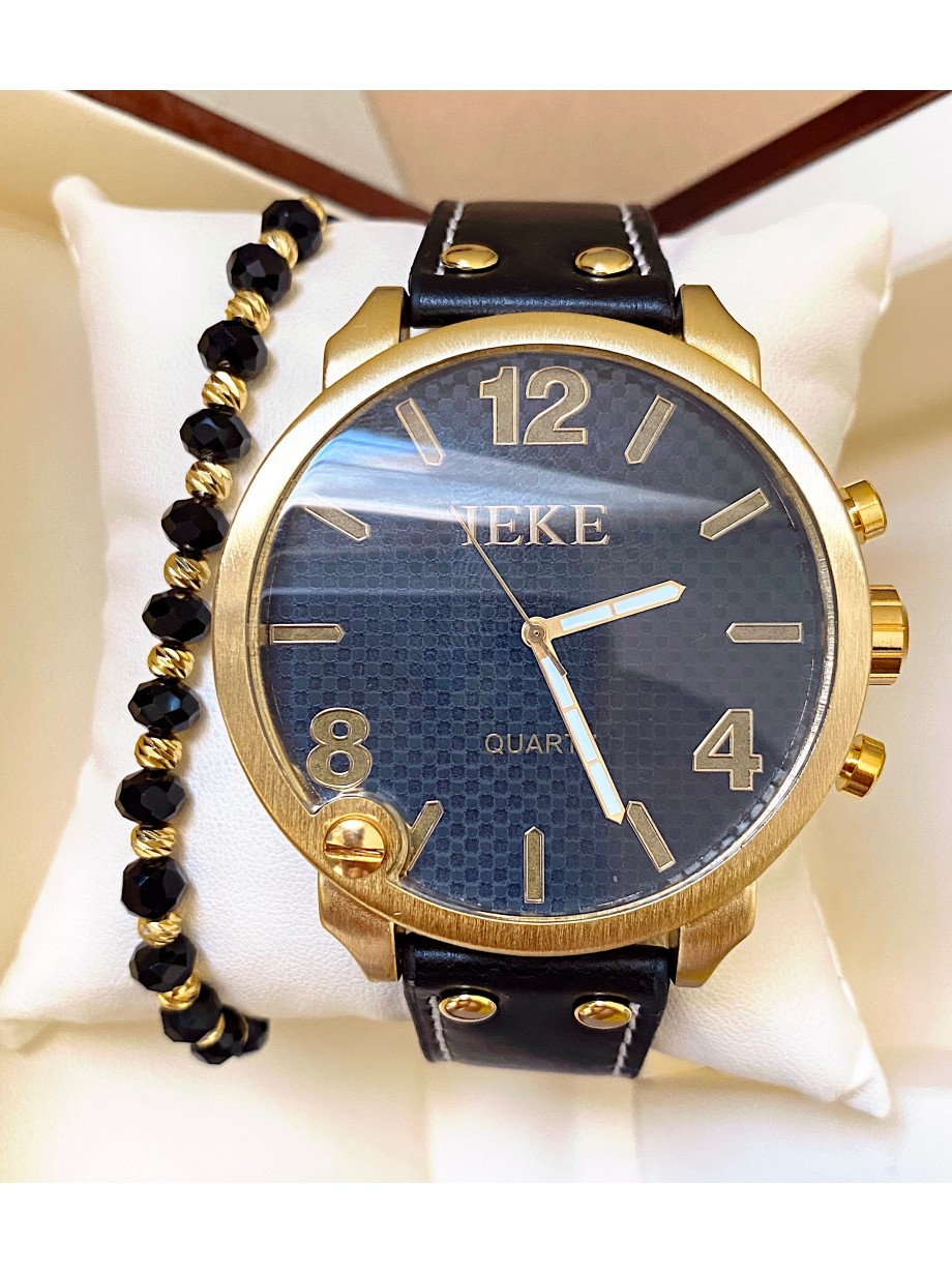 Ceas unisex negru cu bratara din piele ecologica si cadran cu 3 cifre