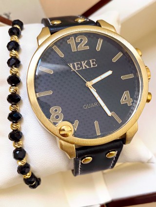 Ceas unisex negru cu bratara din piele ecologica si cadran cu 3 cifre