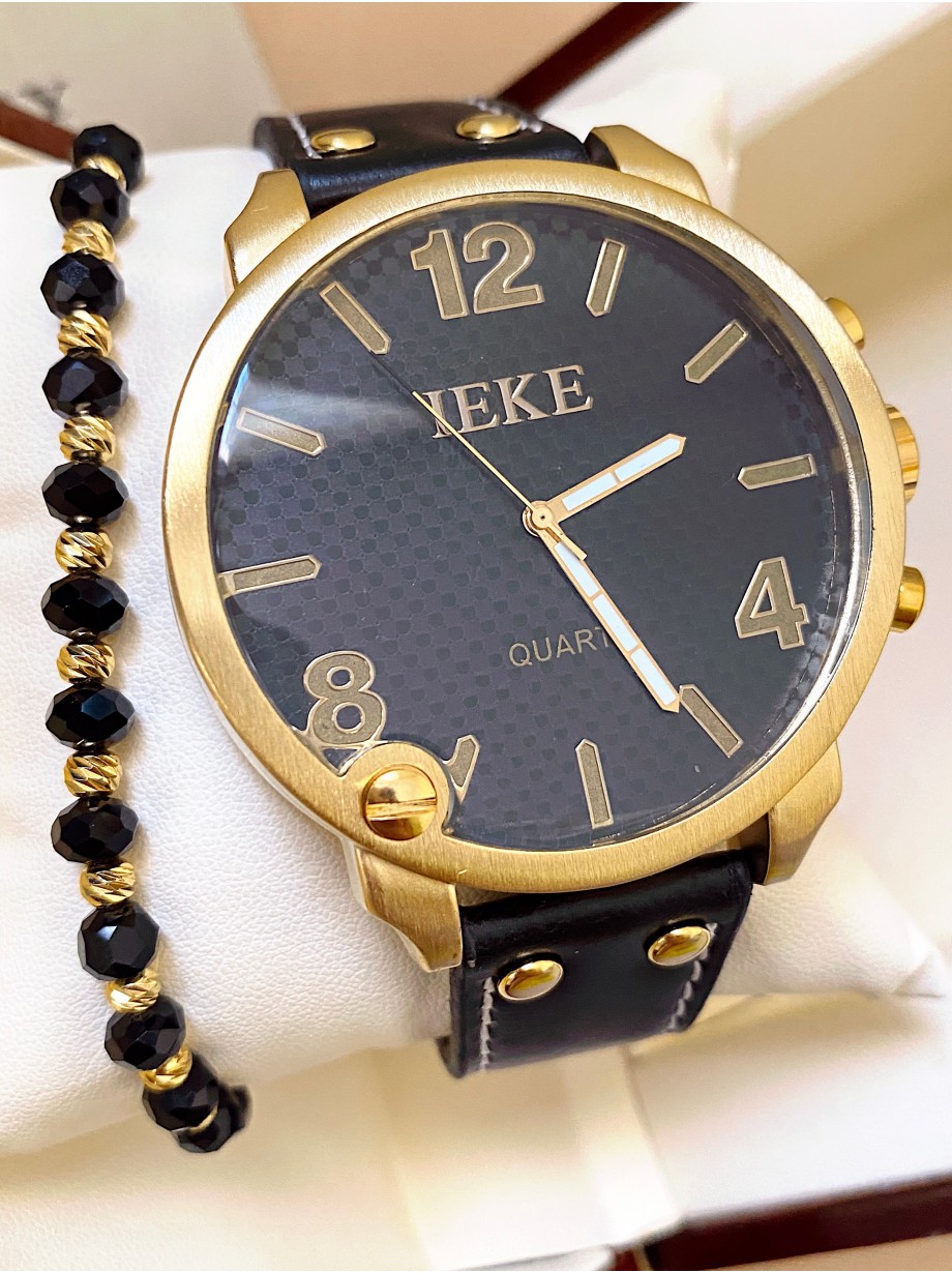 Ceas unisex negru cu bratara din piele ecologica si cadran cu 3 cifre