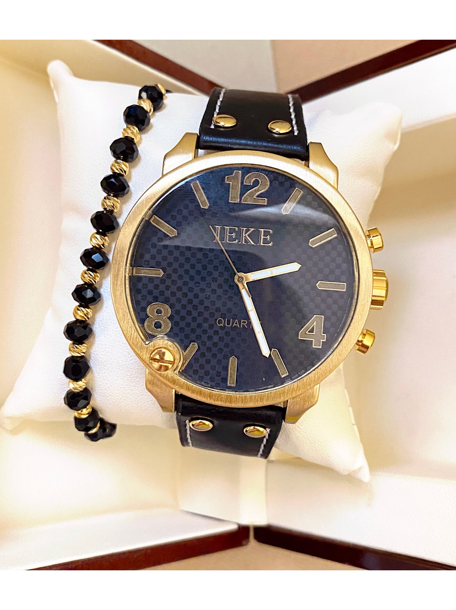 Ceas unisex negru cu bratara din piele ecologica si cadran cu 3 cifre