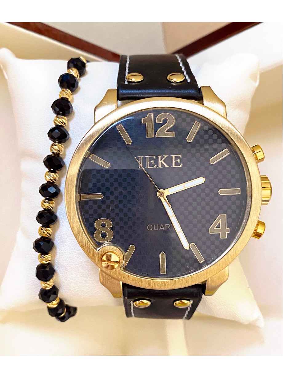 Ceas unisex negru cu bratara din piele ecologica si cadran cu 3 cifre