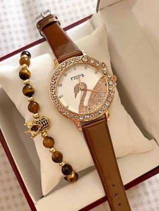 Ceas dama maro cu bratara din piele ecologica si cadran cu lebada