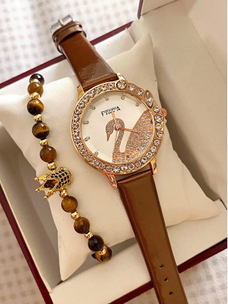 Ceas dama maro cu bratara din piele ecologica si cadran cu lebada