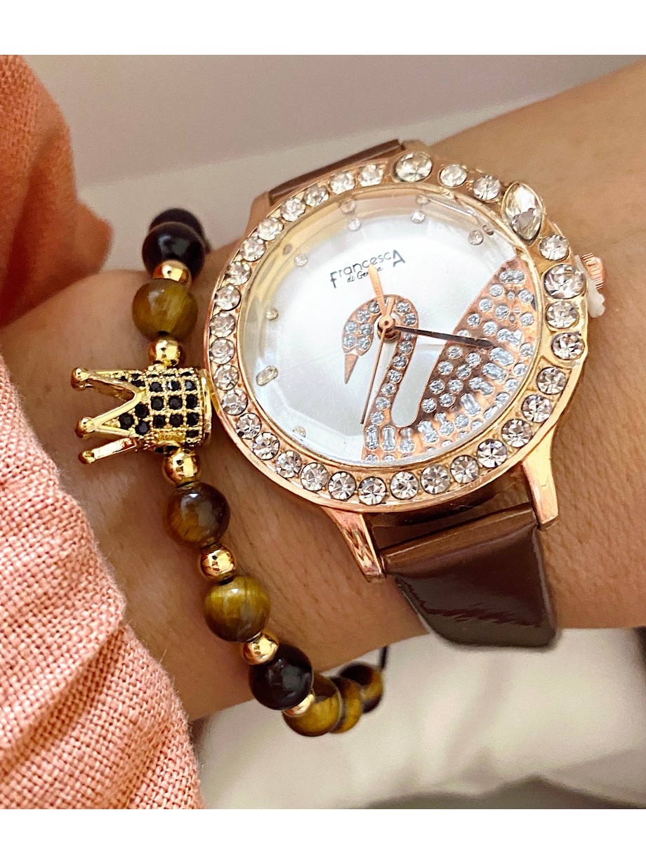 Ceas dama maro cu bratara din piele ecologica si cadran cu lebada