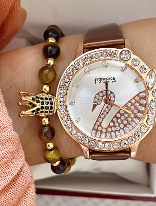 Ceas dama maro cu bratara din piele ecologica si cadran cu lebada