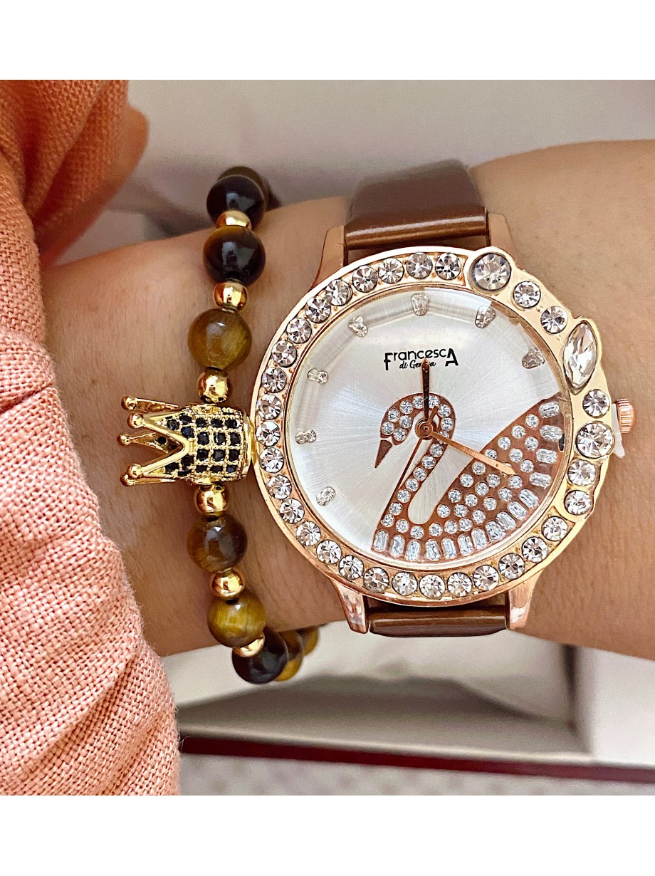 Ceas dama maro cu bratara din piele ecologica si cadran cu lebada