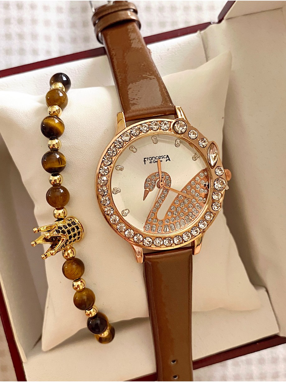 Ceas dama maro cu bratara din piele ecologica si cadran cu lebada