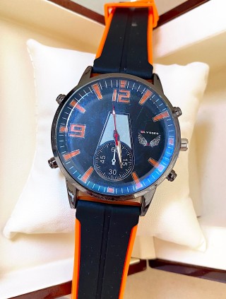 Ceas unisex negru cu bratara din piele ecologica si cadran cu portocaliu