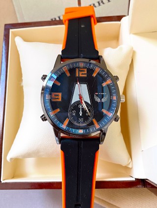 Ceas unisex negru cu bratara din piele ecologica si cadran cu portocaliu