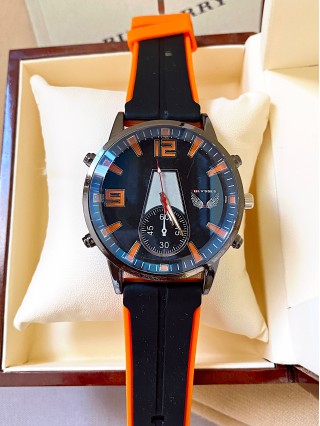 Ceas unisex negru cu bratara din piele ecologica si cadran cu portocaliu