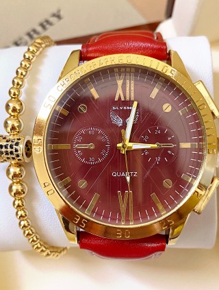 Ceas barbat rosu cu bratara din piele ecologica si cadran cu auriu