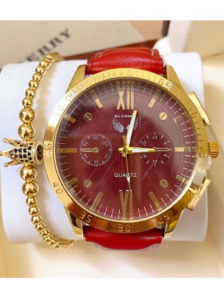 Ceas barbat rosu cu bratara din piele ecologica si cadran cu auriu