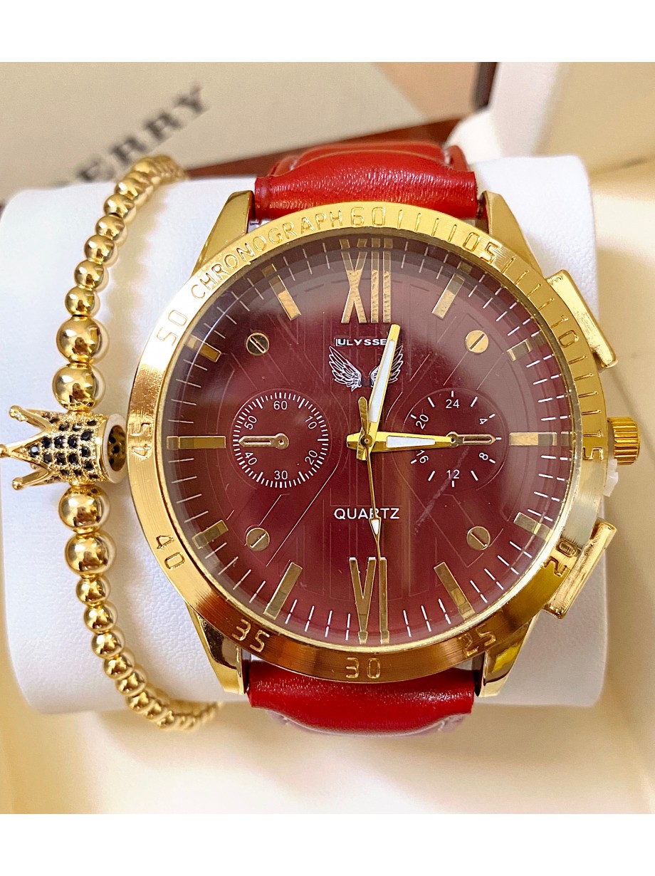 Ceas barbat rosu cu bratara din piele ecologica si cadran cu auriu