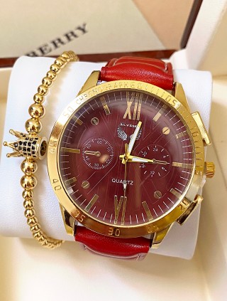 Ceas barbat rosu cu bratara din piele ecologica si cadran cu auriu