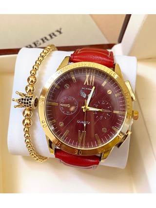 Ceas barbat rosu cu bratara din piele ecologica si cadran cu auriu