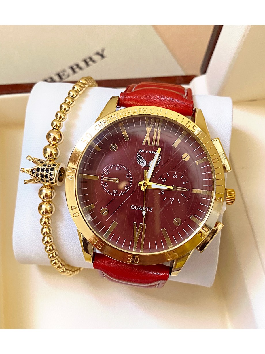 Ceas barbat rosu cu bratara din piele ecologica si cadran cu auriu