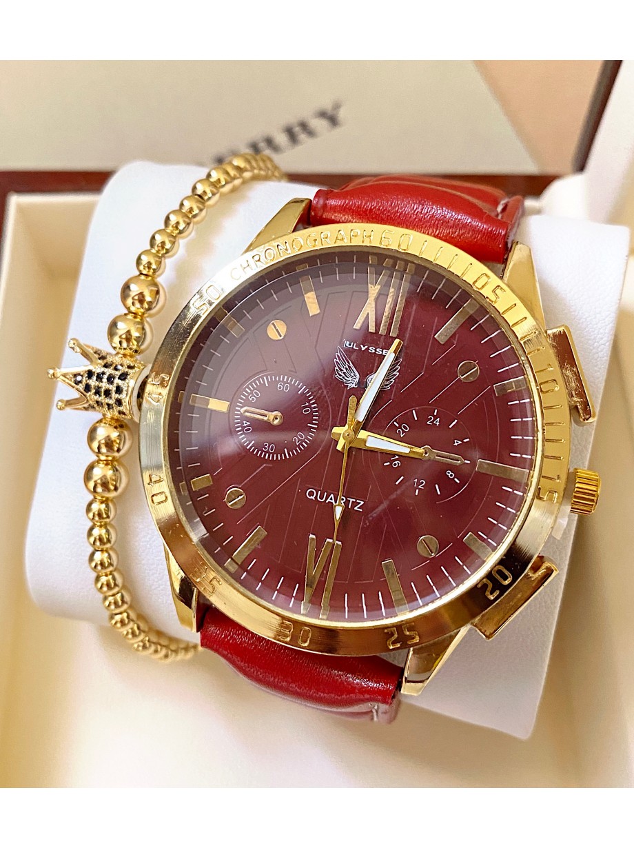 Ceas barbat rosu cu bratara din piele ecologica si cadran cu auriu