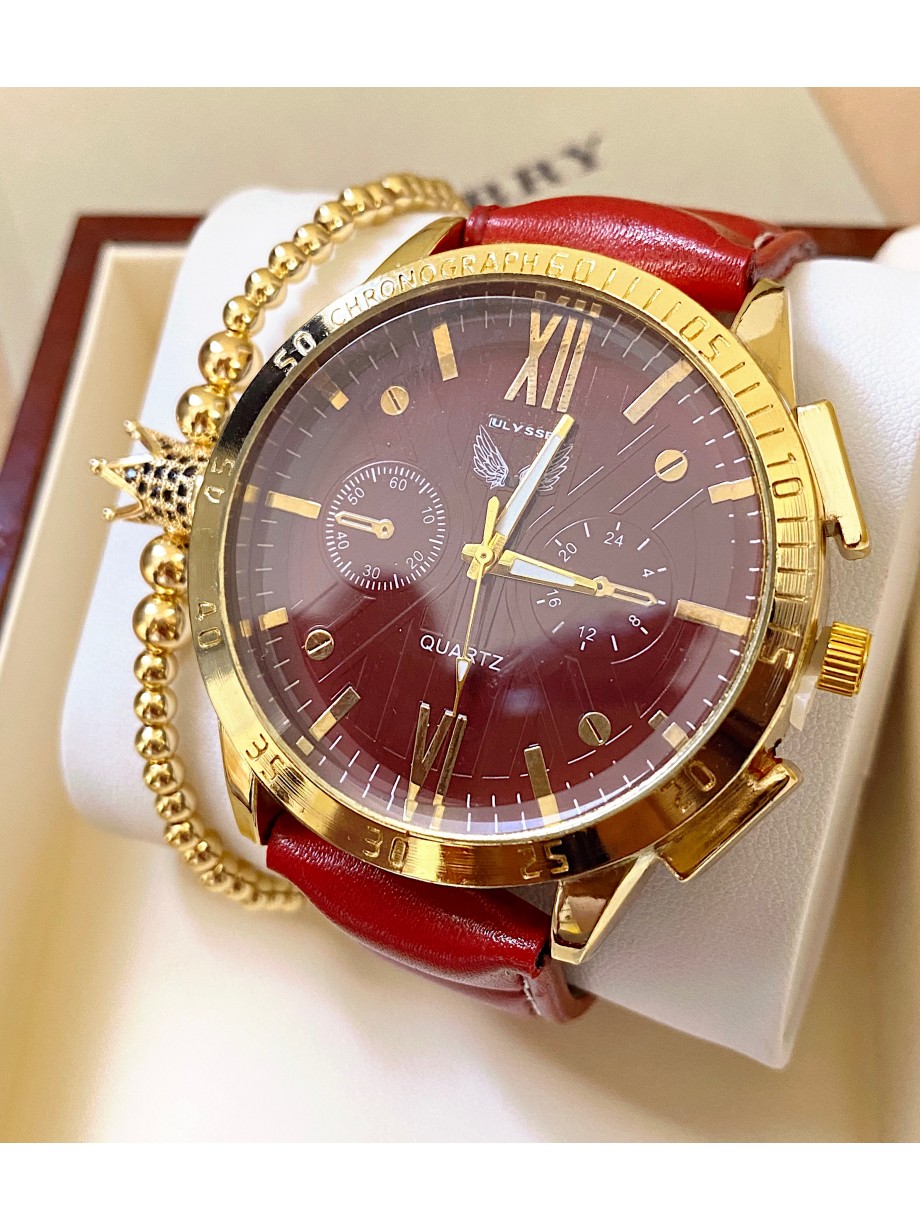 Ceas barbat rosu cu bratara din piele ecologica si cadran cu auriu