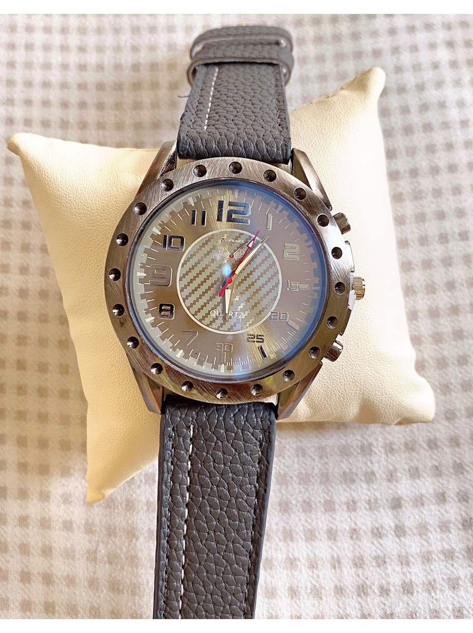 Ceas dama gri cu bratara din piele ecologica si cadran cu cerc