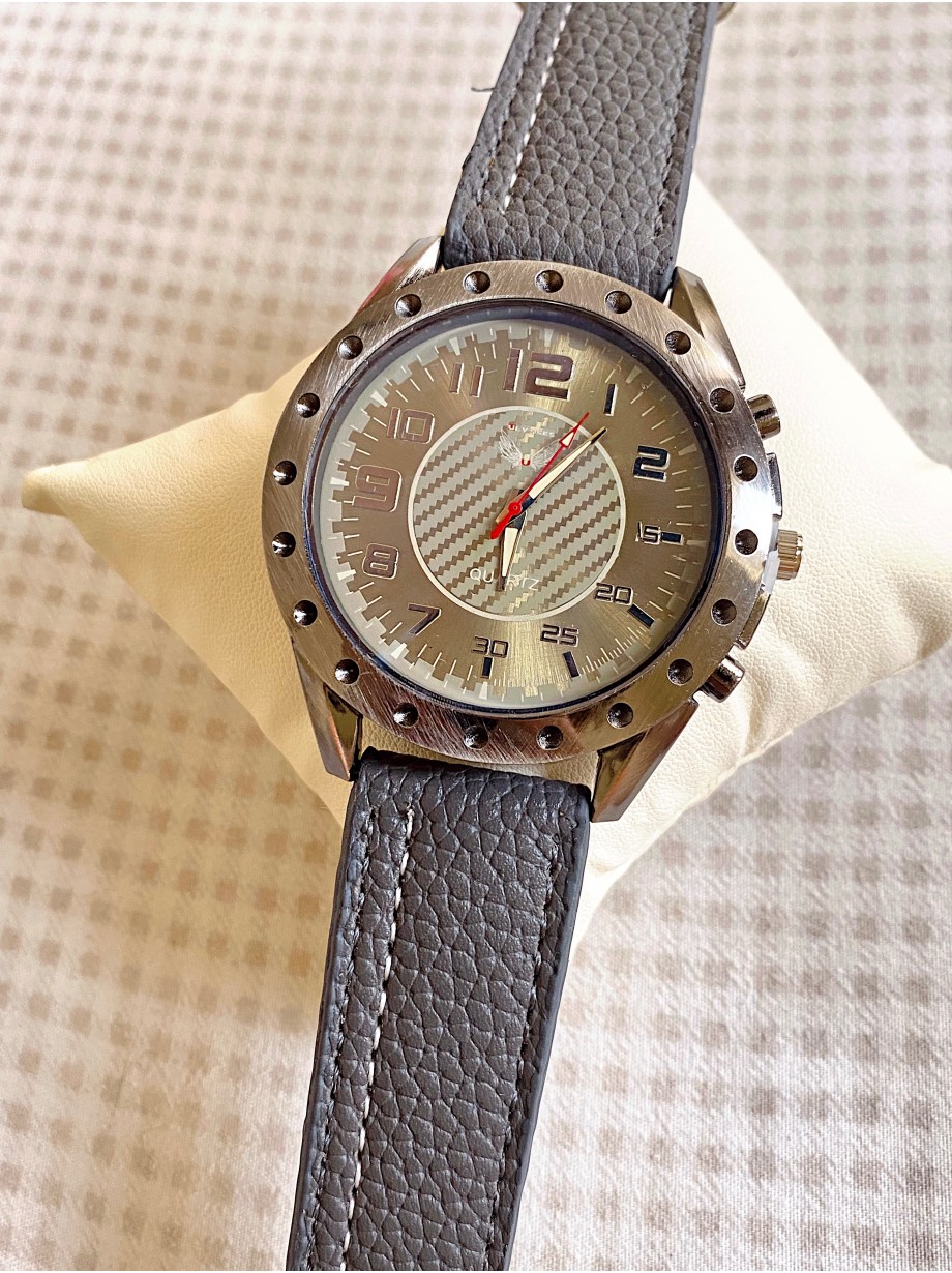 Ceas dama gri cu bratara din piele ecologica si cadran cu cerc