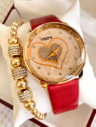 Ceas dama rosu cu bratara din piele ecologica si cadran cu inima