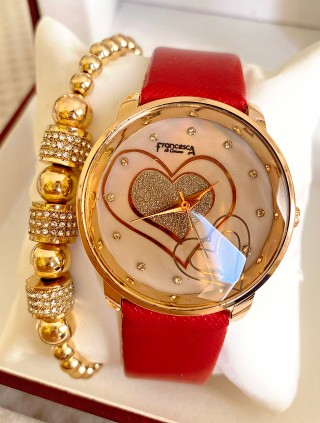 Ceas dama rosu cu bratara din piele ecologica si cadran cu inima