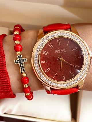 Ceas dama rosu cu bratara din piele ecologica si cadran cu pietricele