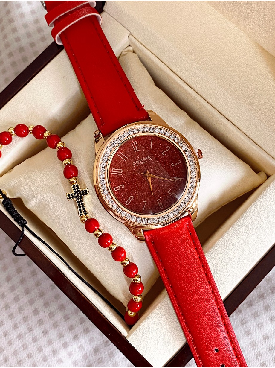 Ceas dama rosu cu bratara din piele ecologica si cadran cu pietricele