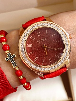 Ceas dama rosu cu bratara din piele ecologica si cadran cu pietricele