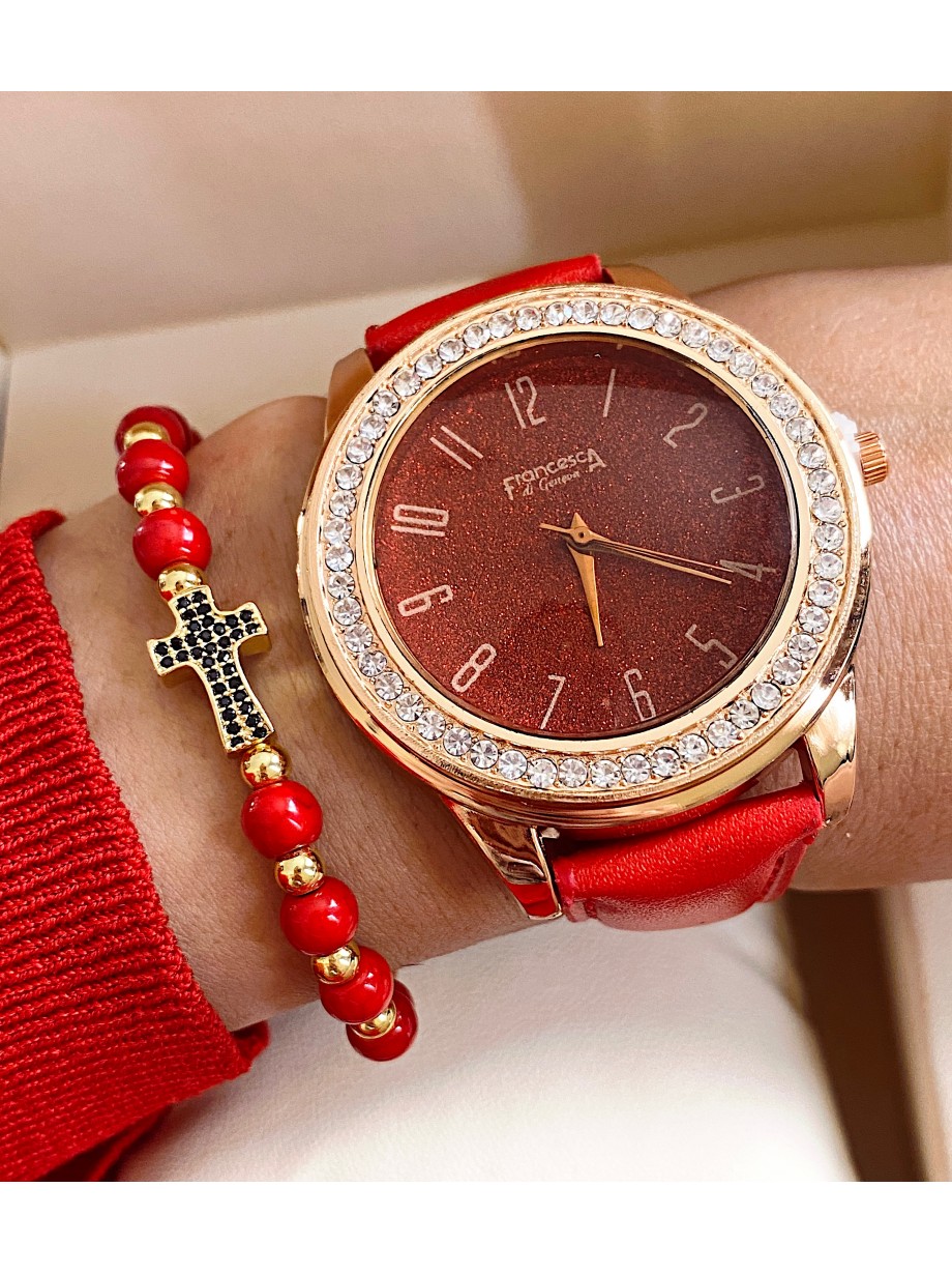 Ceas dama rosu cu bratara din piele ecologica si cadran cu pietricele