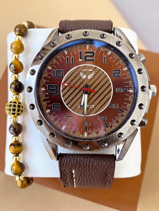 Ceas barbat maro cu bratara din piele ecologica si cadran cu cerc