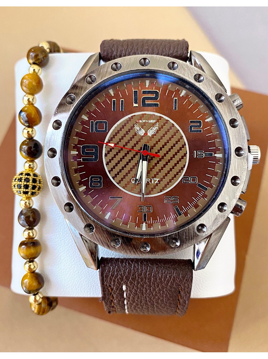 Ceas barbat maro cu bratara din piele ecologica si cadran cu cerc