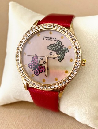 Ceas dama rosu cu bratara din piele ecologica si cadran cu fluturi