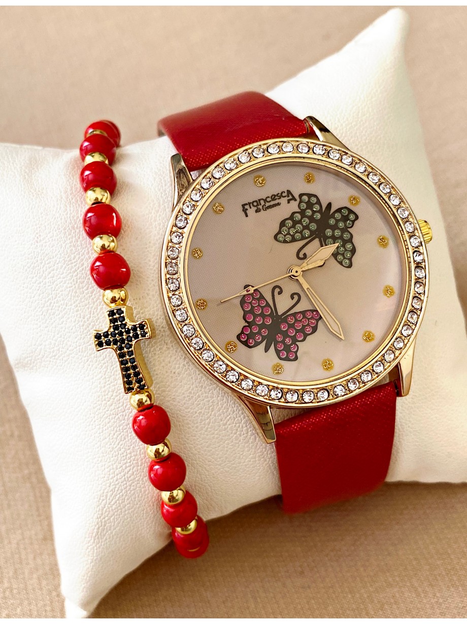 Ceas dama rosu cu bratara din piele ecologica si cadran cu fluturi