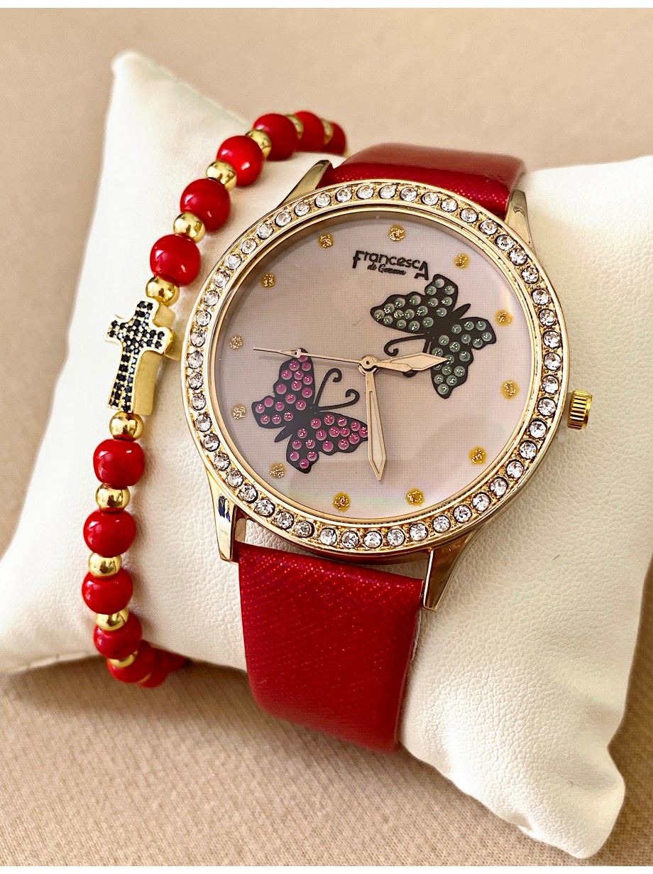 Ceas dama rosu cu bratara din piele ecologica si cadran cu fluturi