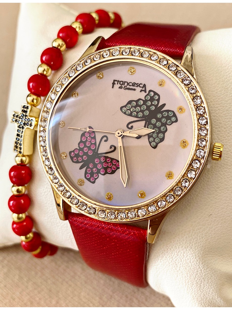 Ceas dama rosu cu bratara din piele ecologica si cadran cu fluturi