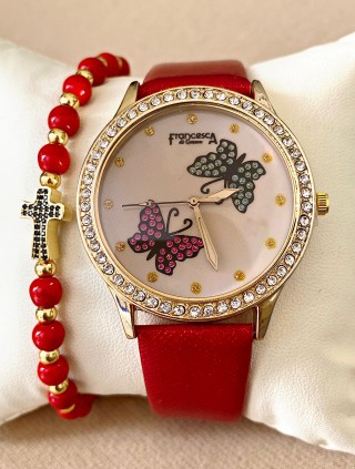 Ceas dama rosu cu bratara din piele ecologica si cadran cu fluturi