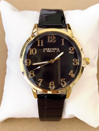 Ceas dama negru cu bratara din piele ecologica si cadran simplu