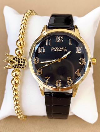 Ceas dama negru cu bratara din piele ecologica si cadran simplu